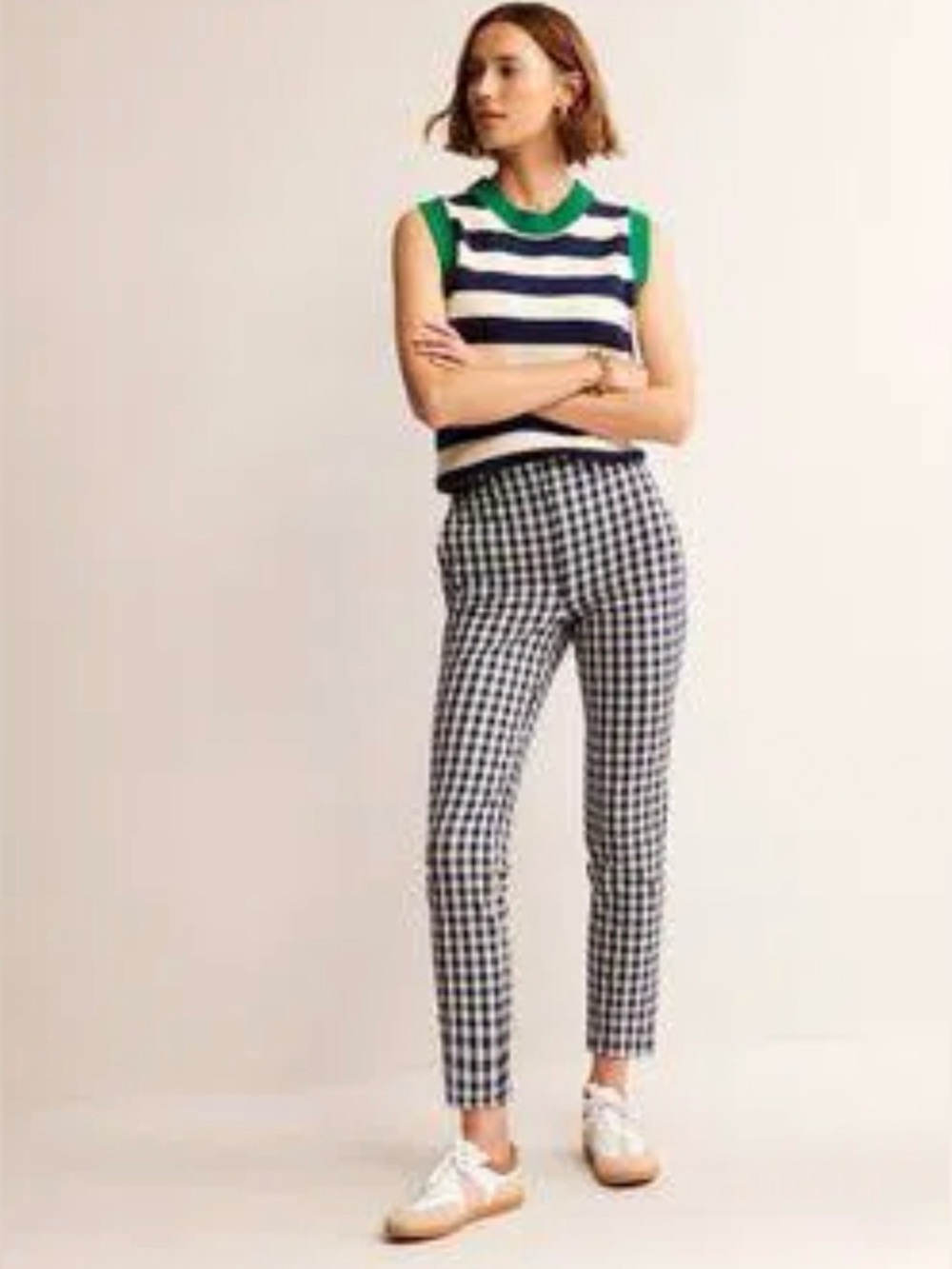 Boden Navy Blue & White Gingham Highgate Printed Trousers Slim Ankle Pants 10